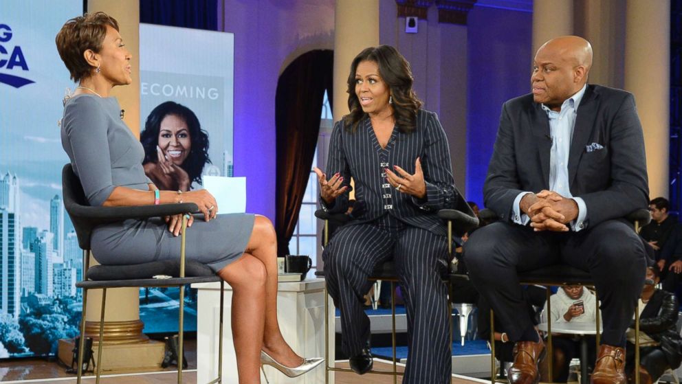 PHOTO: Former first lady Michelle Obama and her brother, Craig Robinson, speak to ABC News' Robin Roberts in Chicago, Nov. 13, 2018.