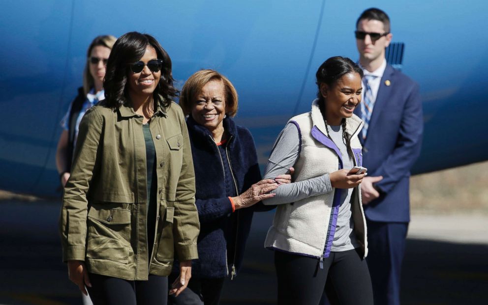 PHOTO: In this March 24, 2016 file photo first lady Michelle Obama, right, her mother Marian Robinson, center, and daughter Sasha arrive at Bariloche, Argentina.