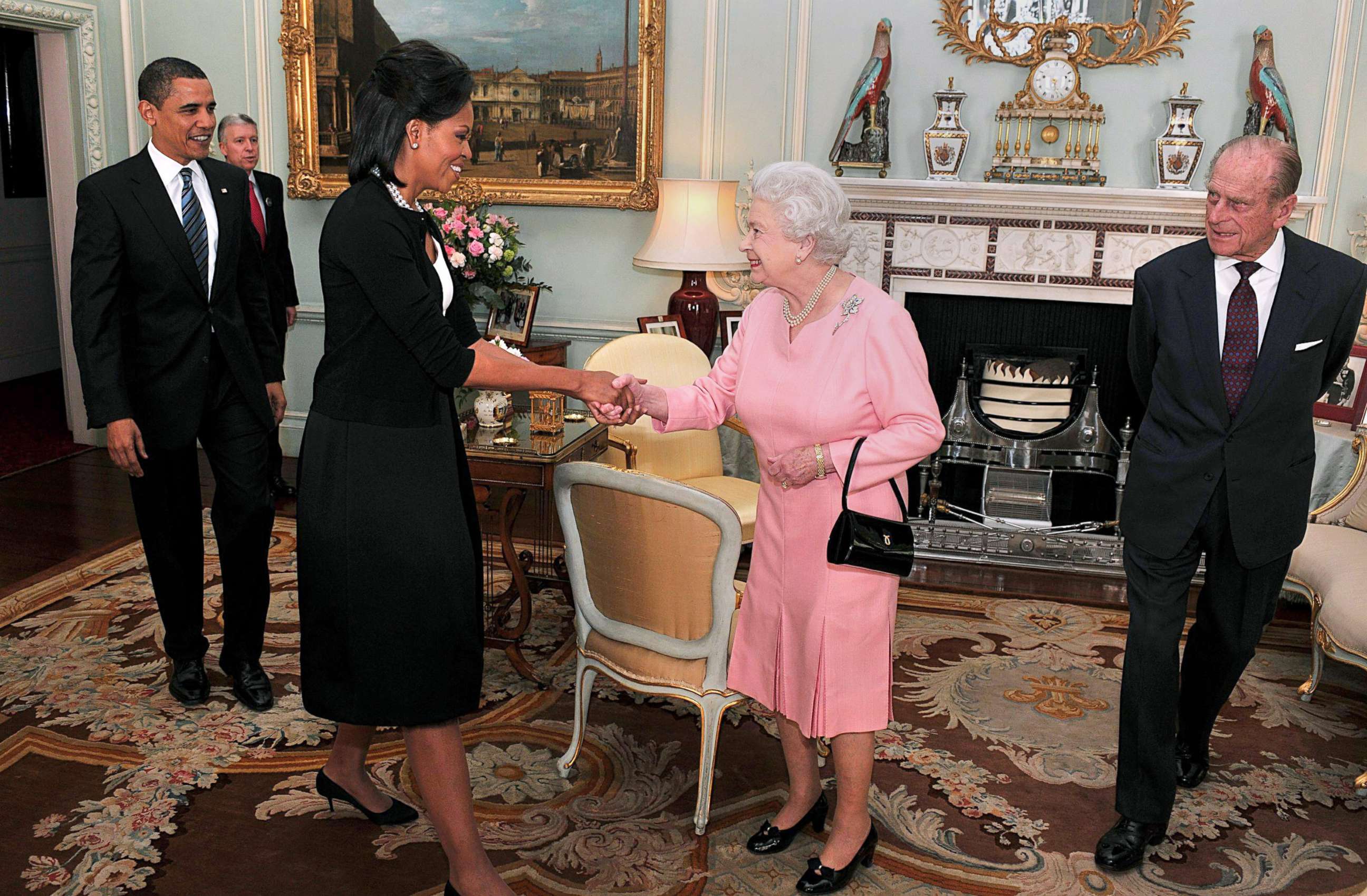 PHOTO: President Barack Obama and his wife Michelle Obama meet with Queen Elizabeth II and Prince Philip, Duke of Edinburgh, during an audience at Buckingham Palace on April 1, 2009 in London.