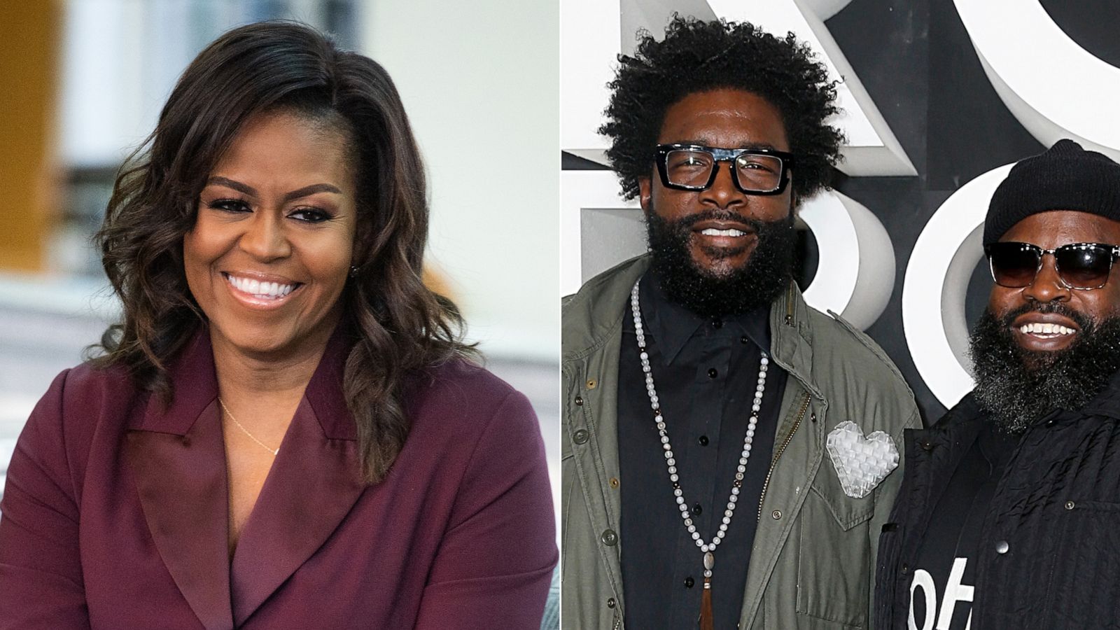 PHOTO: Michelle Obama speaks at the Tacoma Public Library main branch on March 24, 2019, in Tacoma, Wash. | QuestLove and Black Thought of The Roots attend the Nordstrom NYC Flagship Opening Party on on Oct. 22, 2019, in New York.