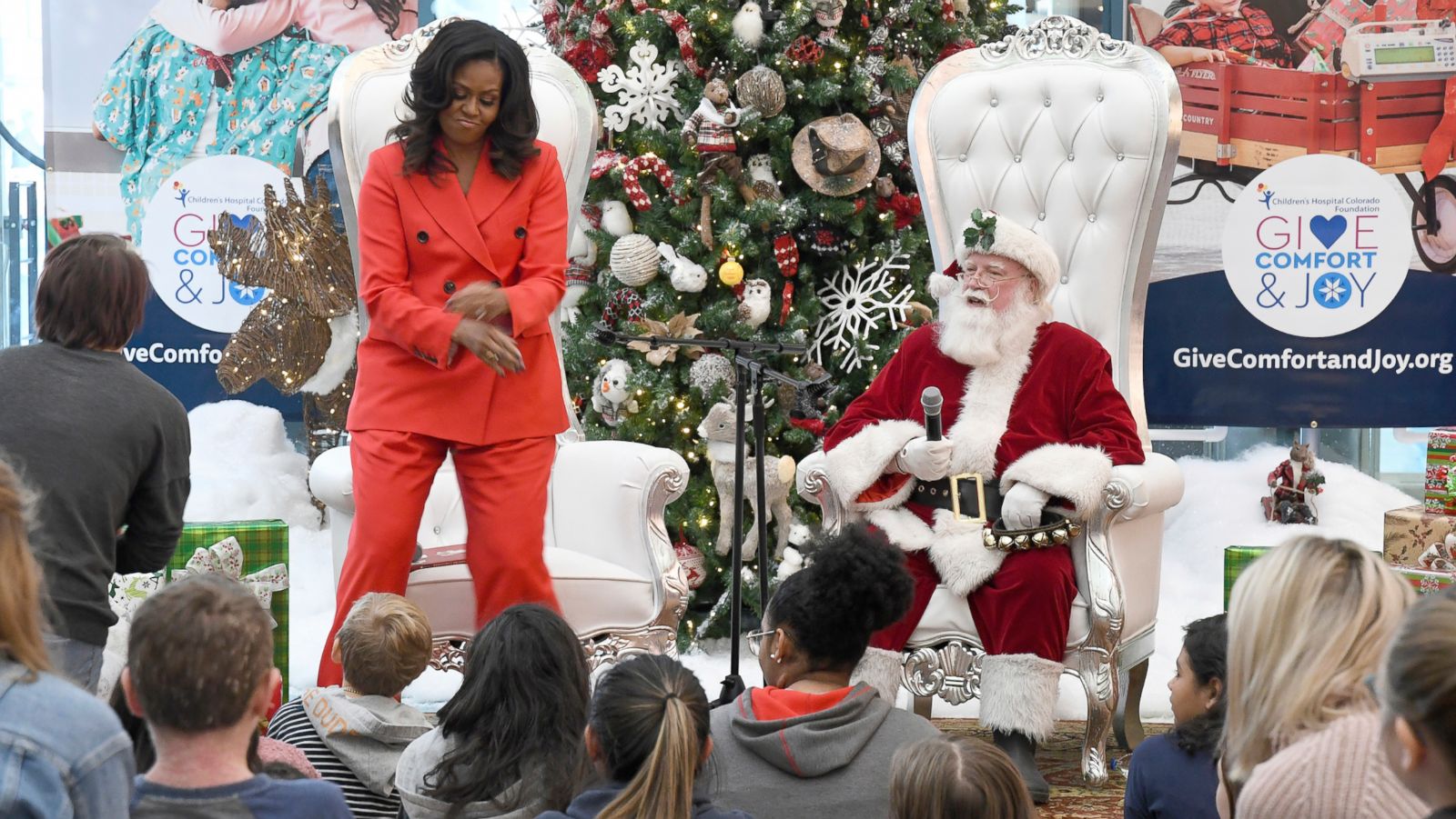 PHOTO: Former first lady Michelle Obama dances after a patient at Children's Hospital Colorado in Aurora, Colo., asks her about her favorite moves Thursday, Dec. 13, 2018.