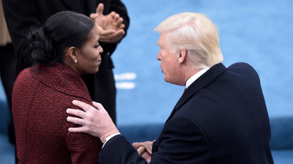 PHOTO: In this Jan. 20, 2017, file photo, First Lady Michelle Obama greets President elect Donald Trump as they arrive for the beginning of the swearing-in ceremony in front of the Capitol in Washington, D.C.