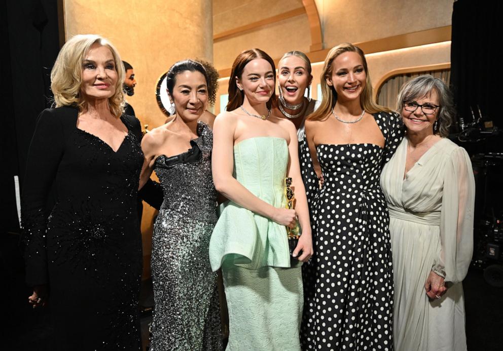 PHOTO: In this handout photo provided by A.M.P.A.S., (L-R) Jessica Lange, Emma Stone, Jennifer Lawrence, Sally Field and others are seen backstage during the 96th Annual Academy Awards, March 10, 2024, in Hollywood, Calif.