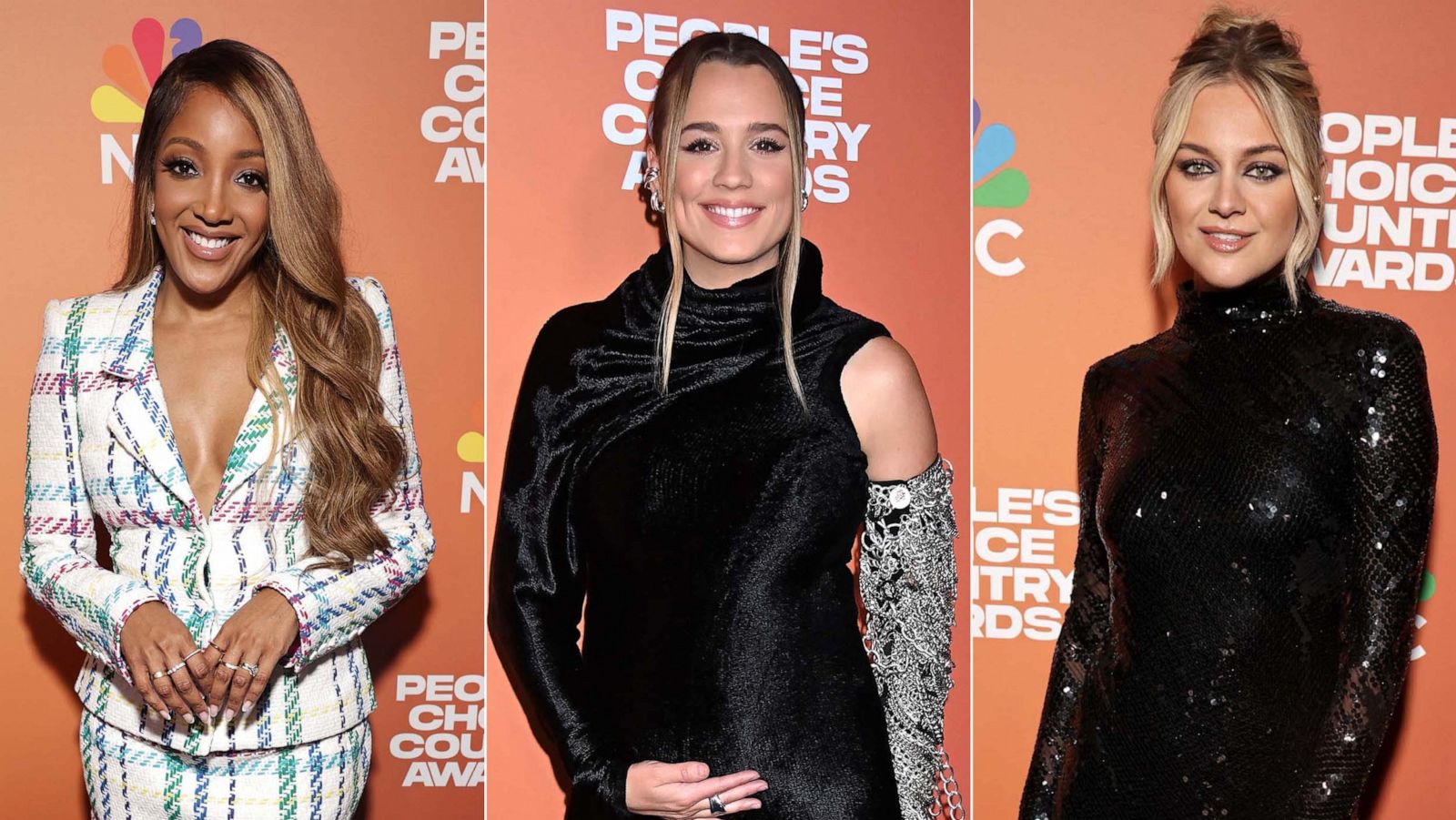 PHOTO: Mickey Guyton, Gabby Barrett, and Kelsea Ballerini arrive to the 2023 People's Choice Country Awards held at the Grand Ole Opry House on Sept. 28, 2023, in Nashville, Tenn.