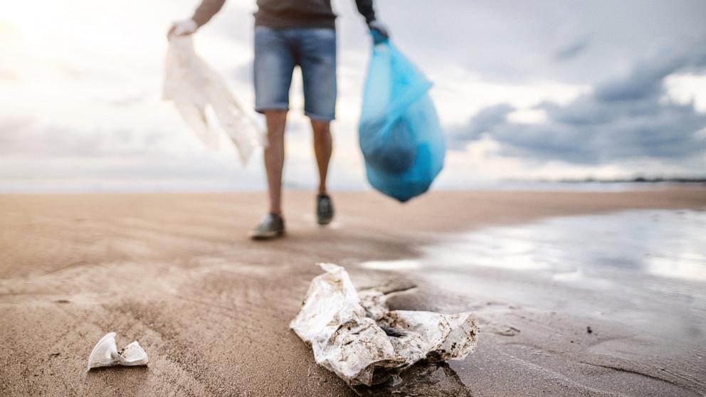 PHOTO: A person collects rubbish on a beach.