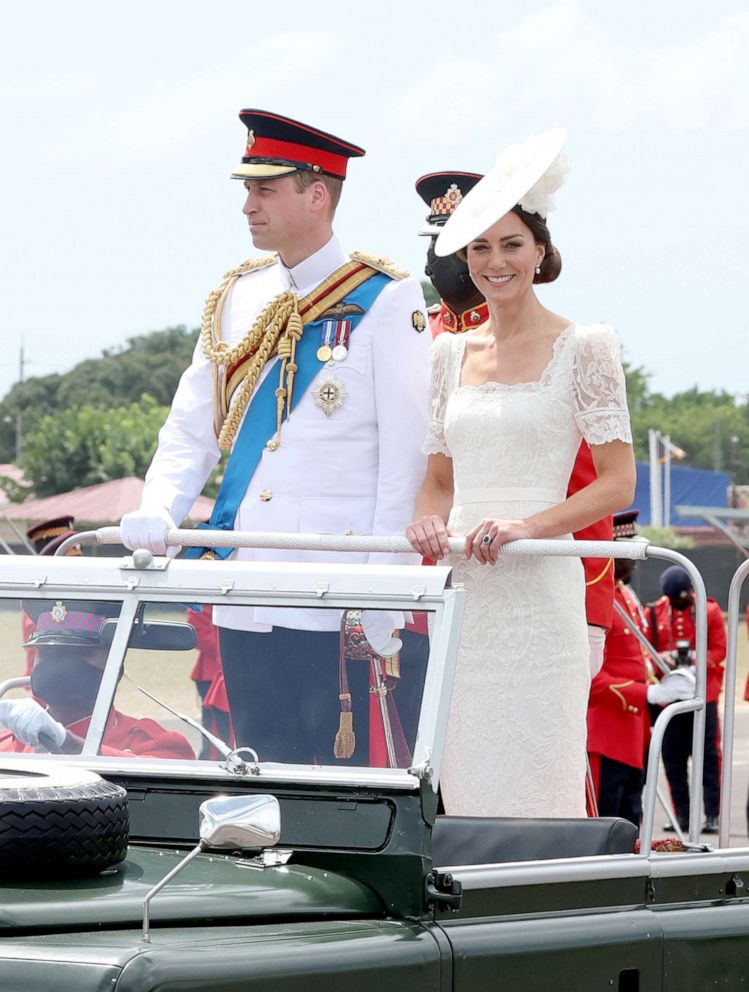 PHOTO: Prince William, Duke of Cambridge and Catherine, Duchess of Cambridge smile as they attend the inaugural Commissioning Parade for service personnel from across the Caribbean, March 24, 2022, in Kingston, Jamaica.
