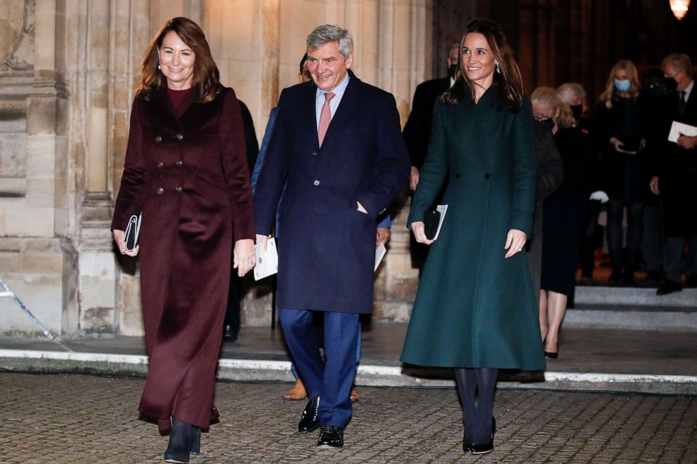 PHOTO: Carole Michael and Pippa Middleton depart Westminster Abbey after the "Together at Christmas" community carol service, Dec. 8, 2021, in London.