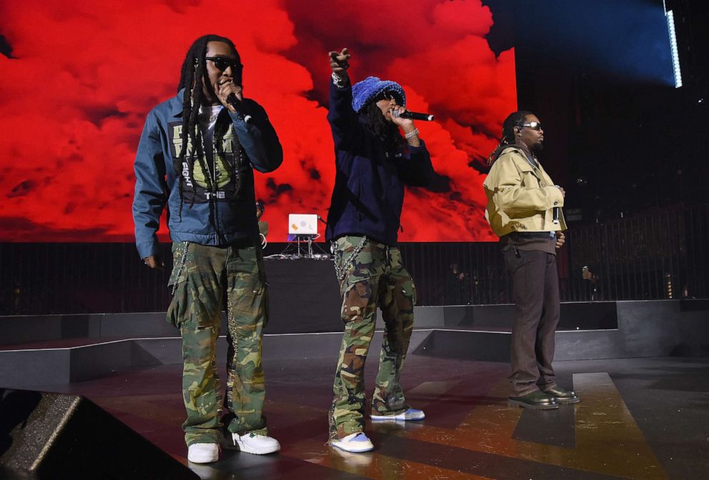 PHOTO: In this Nov. 3, 2021, file photo, Takeoff, Quavo, and Offset of Migos perform at an event in Los Angeles.