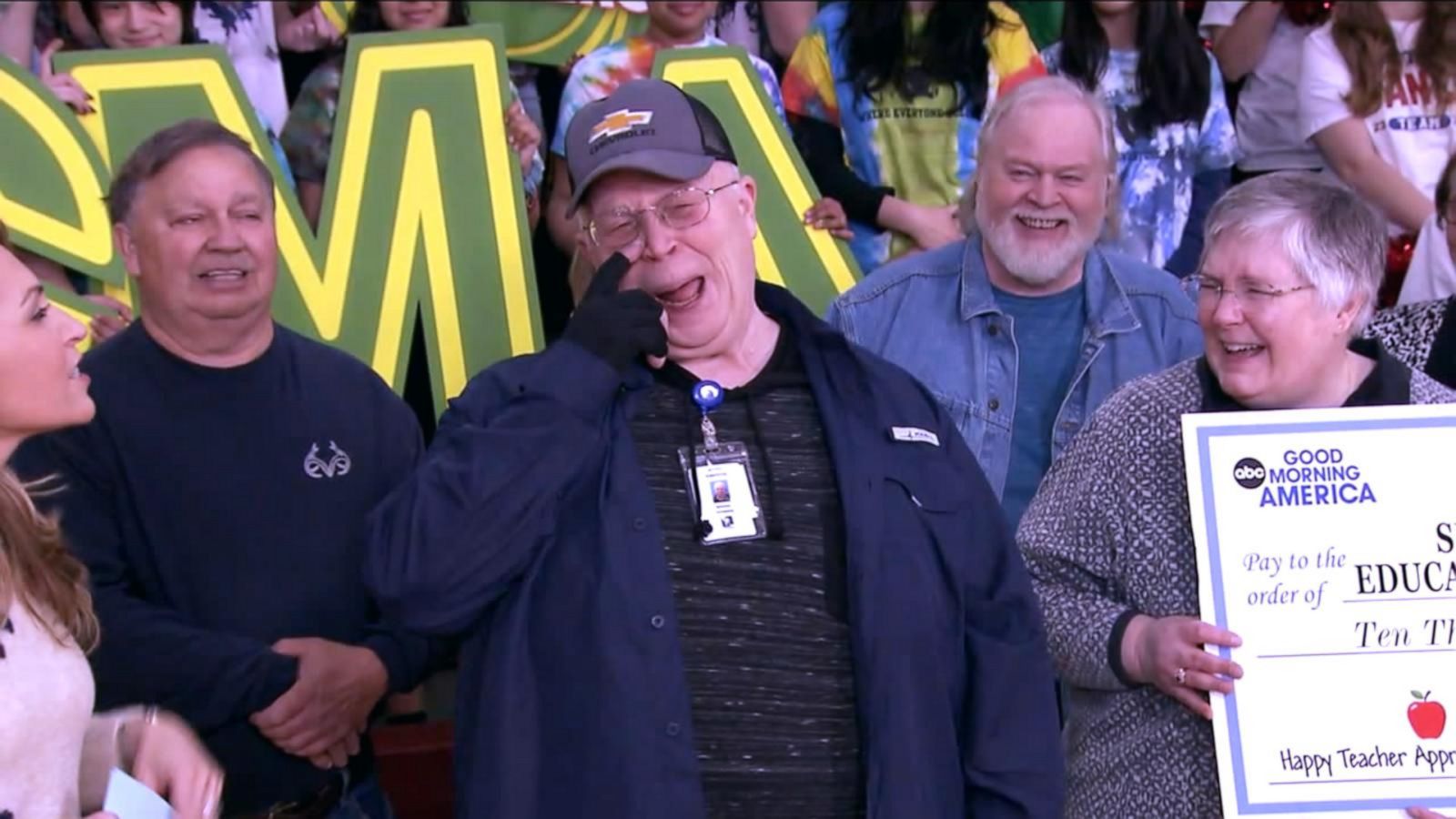 PHOTO: Mike Peterson wiped away a tear as he reacted to being surprised on "GMA" for Teacher Appreciation Week.