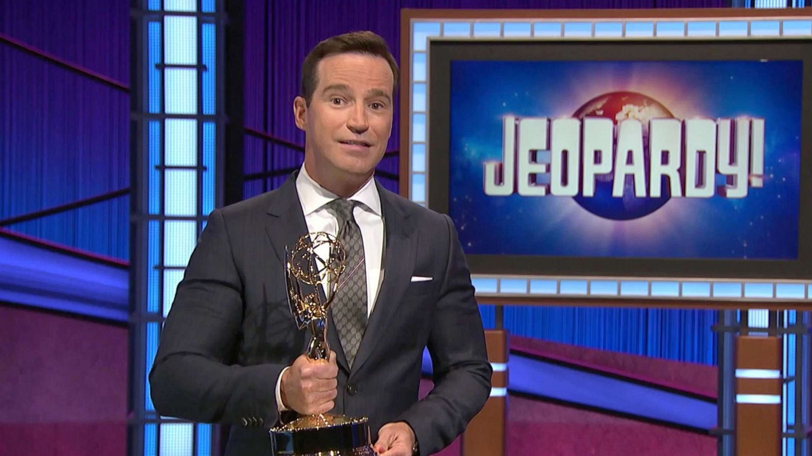 PHOTO: Mike Richards accepts the award for Outstanding Game Show for Jeopardy! during the 48th Annual Daytime Emmy Awards broadcast on June 25, 2021.