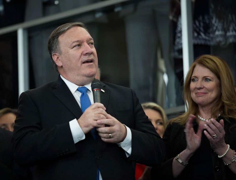 PHOTO: Secretary of State Mike Pompeo delivers remarks during a welcome ceremony with his wife Susan Pompeo in the lobby of the Harry S. Truman Building on May 1, 2018 in Washington.