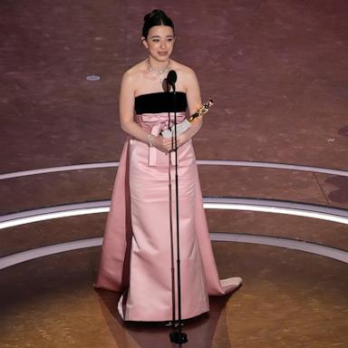 PHOTO: Mikey Madison accepts the award for best performance by an actress in a leading role for "Anora" during the Oscars, March 2, 2025, at the Dolby Theatre in Los Angeles. 