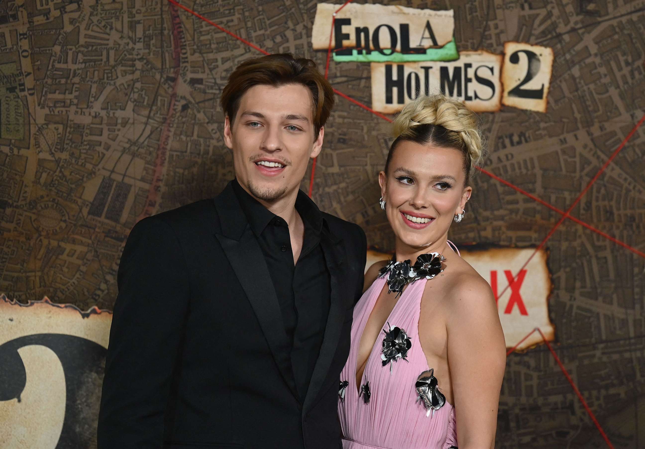 PHOTO: Jake Bongiovi and Millie Bobby Brown arrive for the premiere of Netflix's "Enola Holmes 2" at The Paris Theatre, Oct. 27, 2022, in New York City.