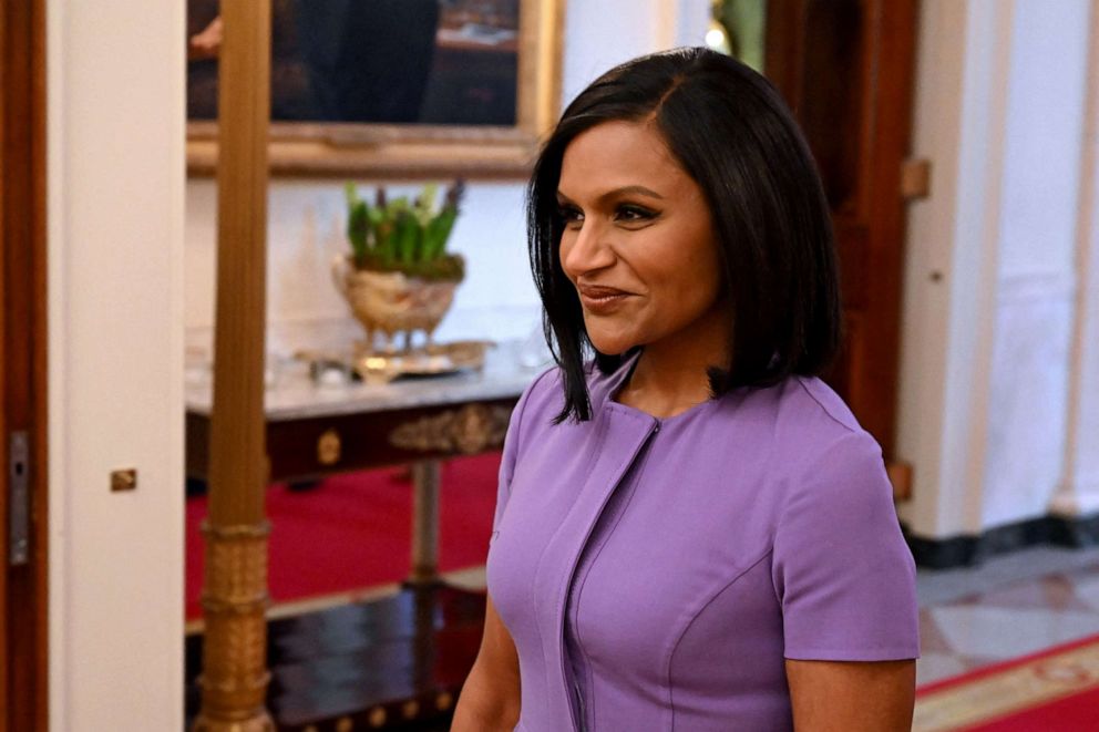 PHOTO: Mindy Kaling arrives for the Arts and Humanities Award Ceremony in the the East Room of the White House in Washington, DC, March 21, 2023.