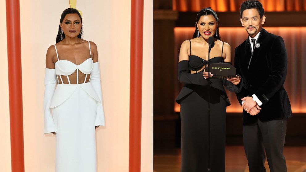 PHOTO: Actress Mindy Kaling wore two versions of the same dress designed by Vera Wang during the 95th Annual Academy Awards at Hollywood & Highland and after-parties on March 12, 2023 in Hollywood, Calif.