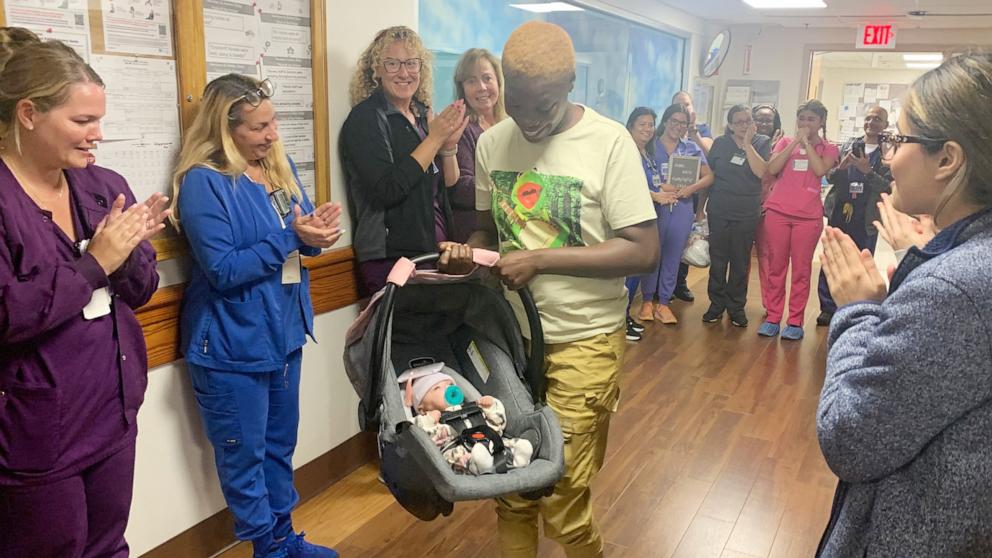 PHOTO: Over 30 staffers at Richmond University Medical Center in Staten Island, New York, celebrated Miracle leaving the hospital with a “clap out.”