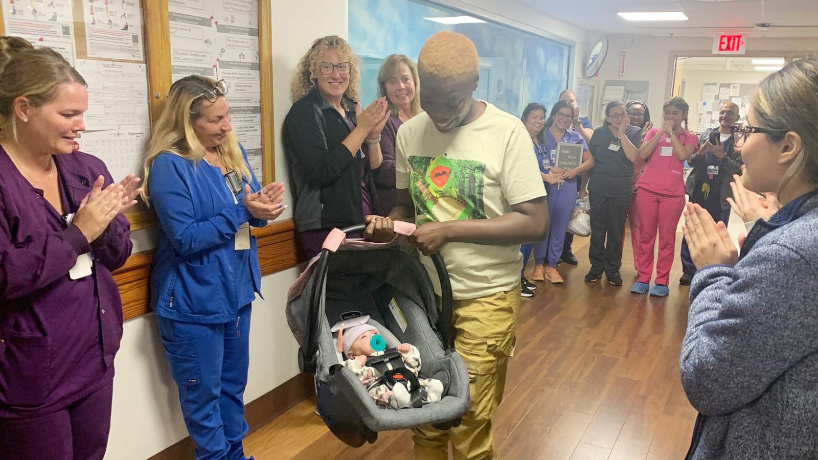 PHOTO: Over 30 staffers at Richmond University Medical Center in Staten Island, New York, celebrated Miracle leaving the hospital with a “clap out.”