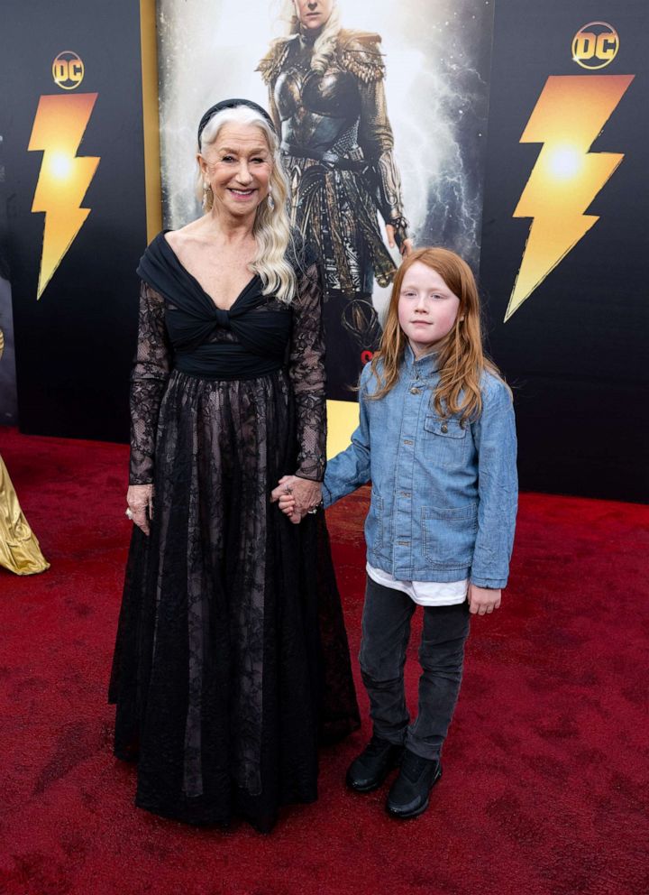PHOTO: Helen Mirren and Basil Mirren attend the Los Angeles Premiere of Warner Bros.' "Shazam! Fury Of The Gods" at the Regency Village Theatre, March 14, 2023, in Los Angeles.