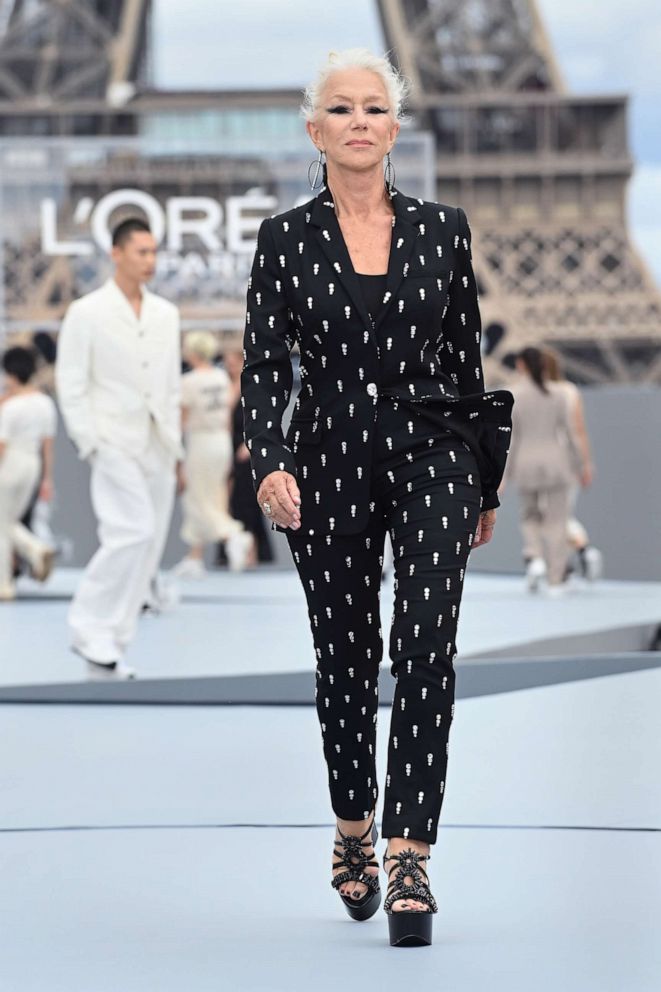 PHOTO: Actress Helen Mirren walks the runway during the "Le Defile L'Oreal Paris 2021" Womenswear Spring/Summer 2022 show as part of Paris Fashion Week, Oct. 3, 2021, in Paris.