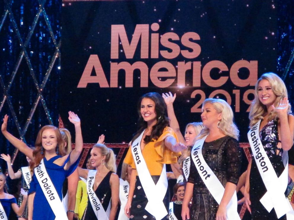 PHOTO: Contestants wave to the audience during introductions at the second night of preliminary competition at the Miss America competition in Atlantic City, N.J, Sept. 6, 2018.