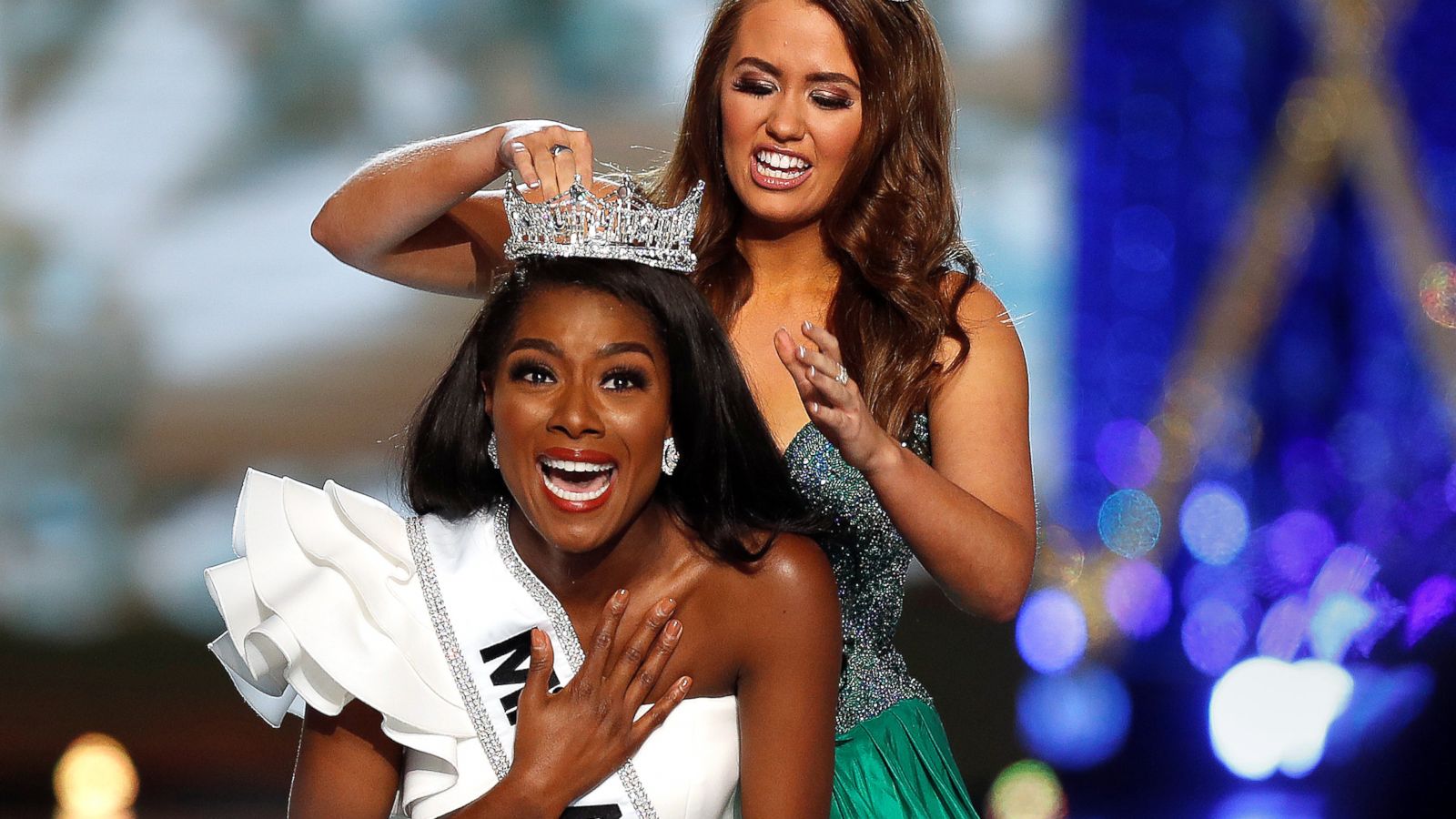 PHOTO: Miss New York Nia Franklin reacts after being named Miss America 2019, as she is crowned by last year's winner Cara Mund, in Atlantic City, N.J., Sept. 9, 2018.