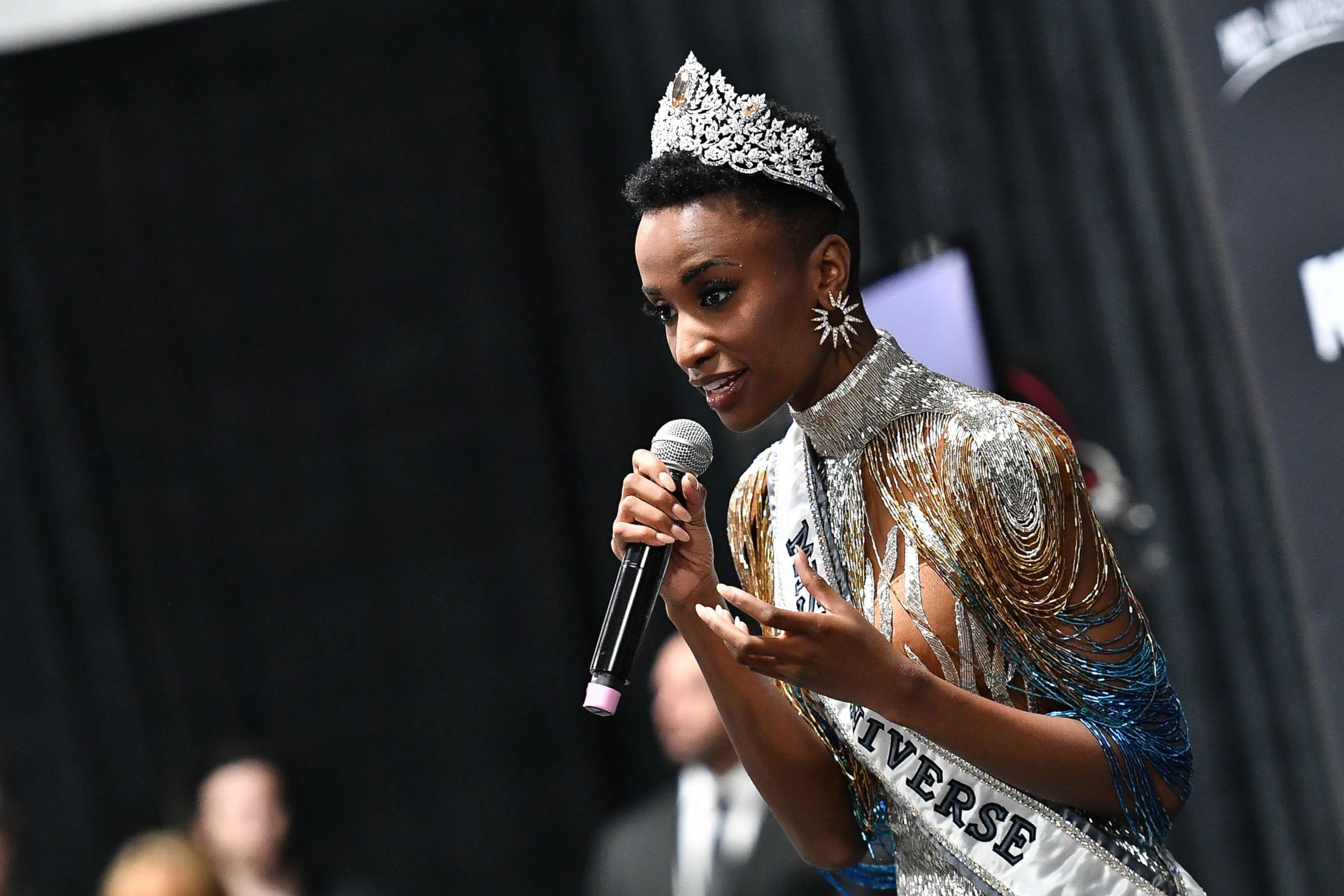 PHOTO: Miss Universe 2019 Zozibini Tunzi, of South Africa, appears at a press conference following the 2019 Miss Universe Pageant at Tyler Perry Studios, Dec. 8, 2019 in Atlanta.