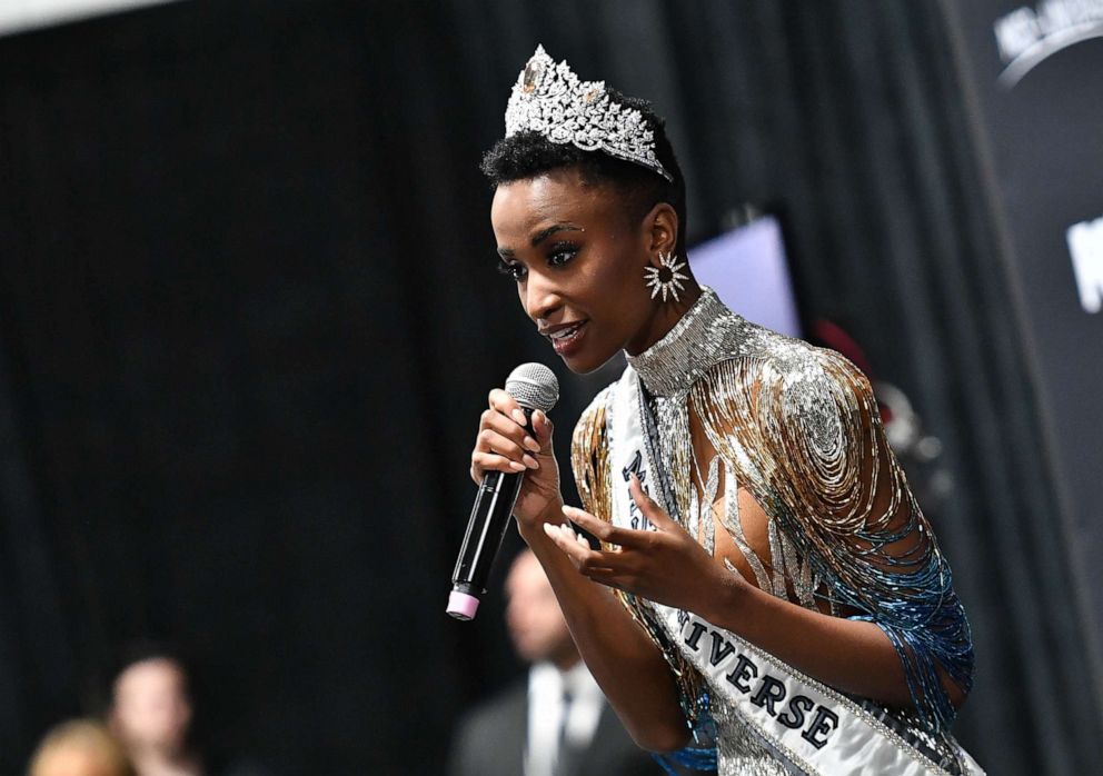 PHOTO: Miss Universe 2019 Zozibini Tunzi, of South Africa, appears at a press conference following the 2019 Miss Universe Pageant at Tyler Perry Studios, Dec. 8, 2019 in Atlanta.