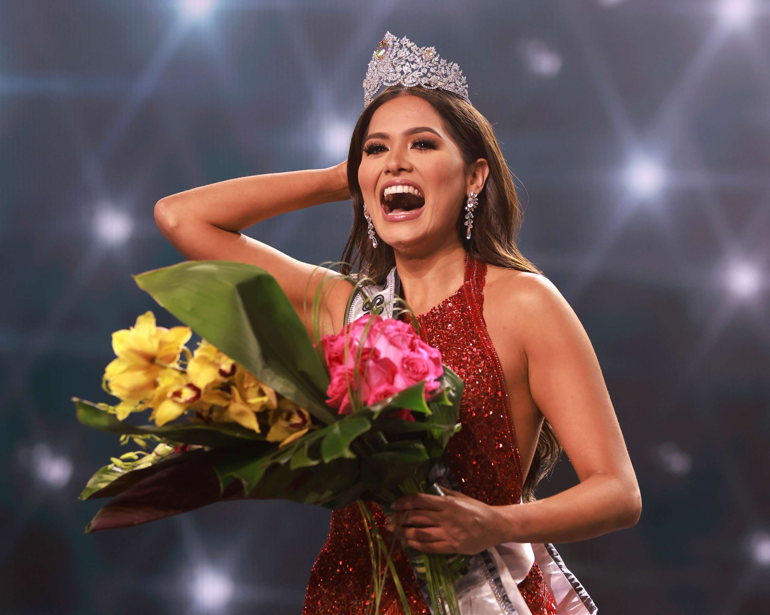 PHOTO: This image released by Miss Universe Organization shows Miss Universe Mexico 2020 Andrea Meza who was crowned Miss Universe at the 69th Miss Universe Competition at the Seminole Hard Rock Hotel & Casino in Hollywood, Fla., on May 16, 2021.