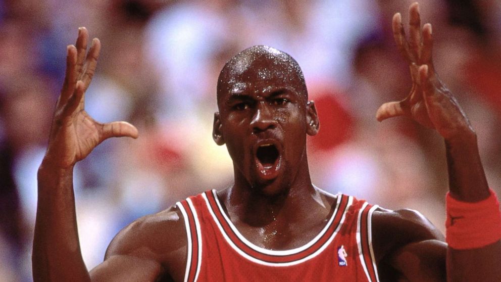 PHOTO: Michael Jordan #23 of the Chicago Bulls shows emotion against the Portland Trailblazers during a game played at the Veterans Memorial Coliseum in Portland, Ore., circa 1991.