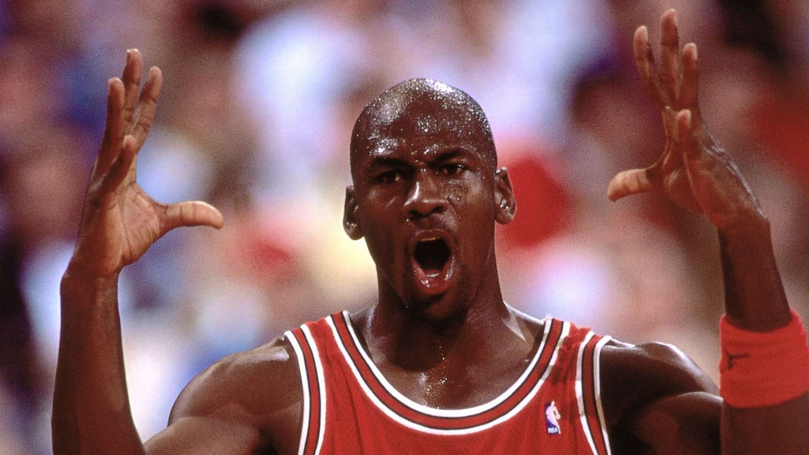 PHOTO: Michael Jordan #23 of the Chicago Bulls shows emotion against the Portland Trailblazers during a game played at the Veterans Memorial Coliseum in Portland, Ore., circa 1991.