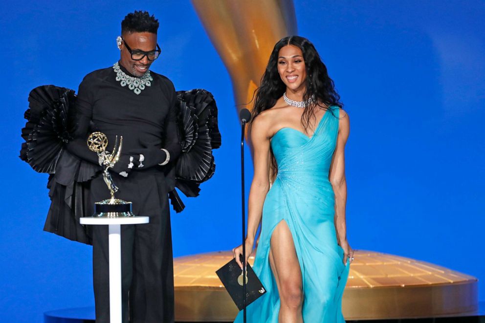 PHOTO: Billy Porter and Mj Rodriguez from "Pose" appear on stage at the 73rd Emmy Awards,on Sept. 19, 2021 in Los Angeles.