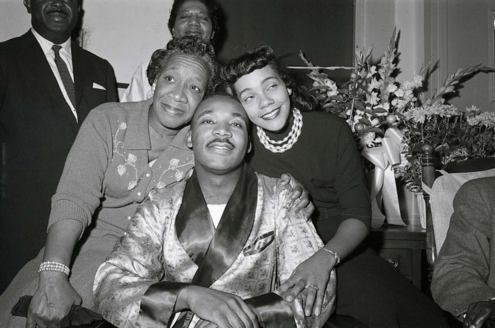 PHOTO: Dr. Martin Luther King, Jr., poses with his mother, left, and his wife, right, at Harlem Hospital, Sept. 30, 1958, during his first news conference after being stabbed by Mrs. Izola Curry on Sept. 20th.