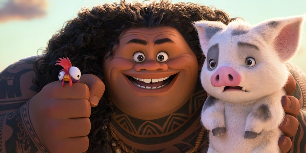 PHOTO: Moana 2 from Disney with Maui (voice of Dwayne Johnson), Heihei the rooster and Pua the pig three years later for an expansive new voyage through dangerous, long-lost waters. 