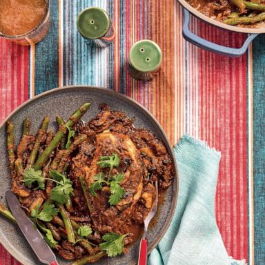 PHOTO: Chicken Mole with mushrooms and green beans. 