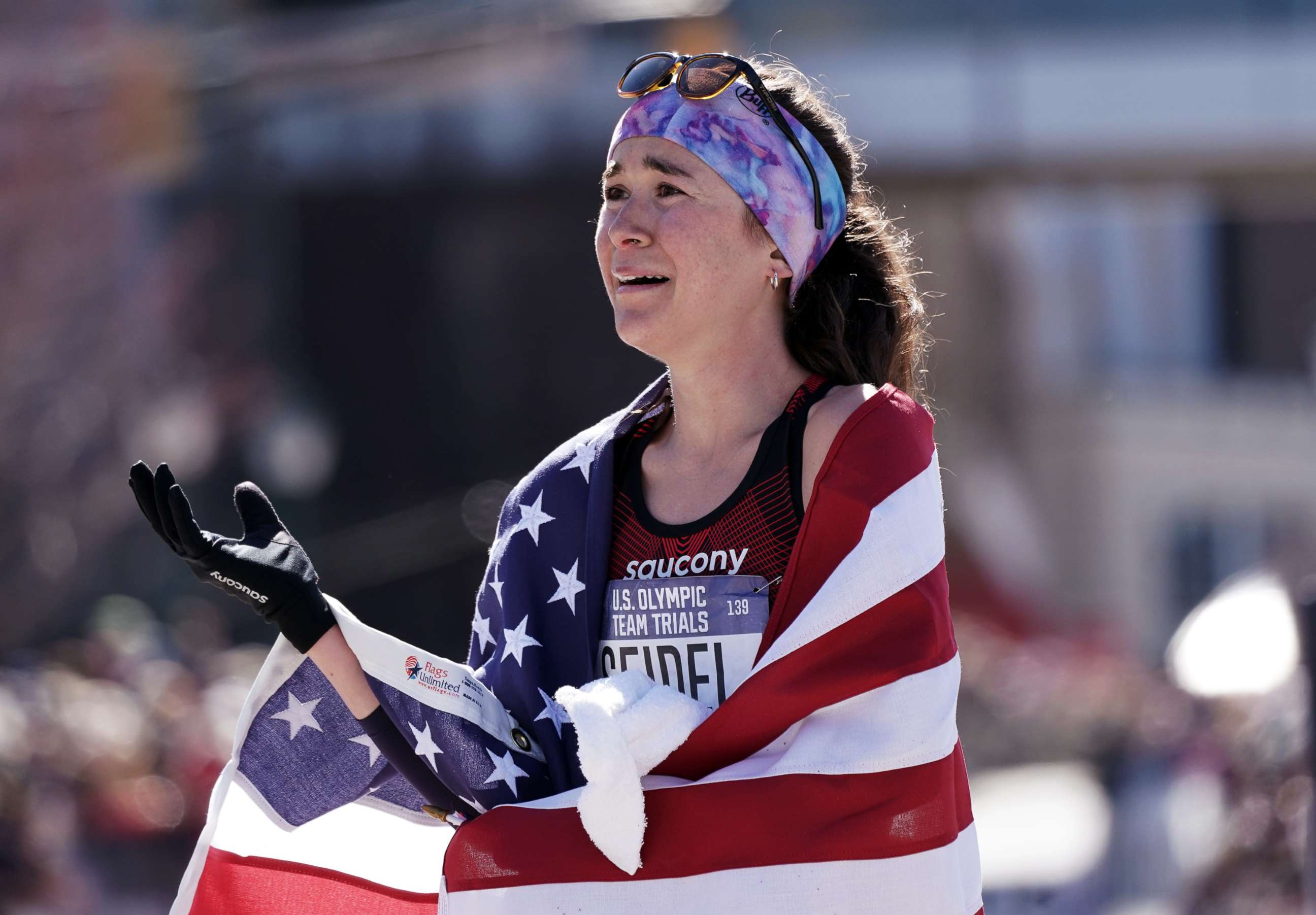 PHOTO: Molly Seidel celebrates after placing second in the women's race in 2:27:31 during the U.S. Olympic Team Trials marathon in Atlanta, Feb. 29, 2020.