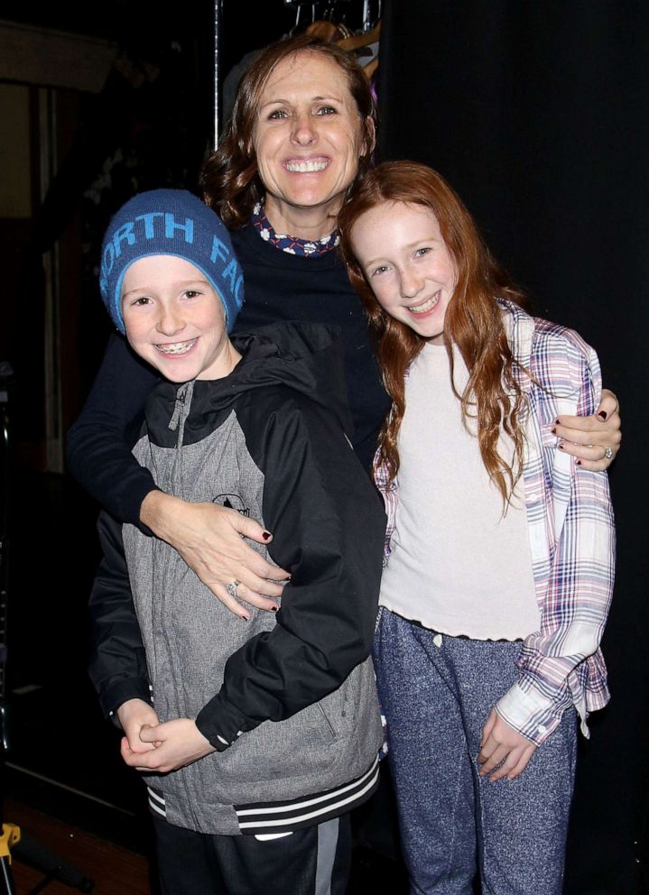 PHOTO: Nolan Chesnut, mother Molly Shannon and daughter Stella Chesnut pose backstage at the hit musical "School of Rock" on Broadway at The Winter Garden Theatre on February 10, 2016 in New York City.
