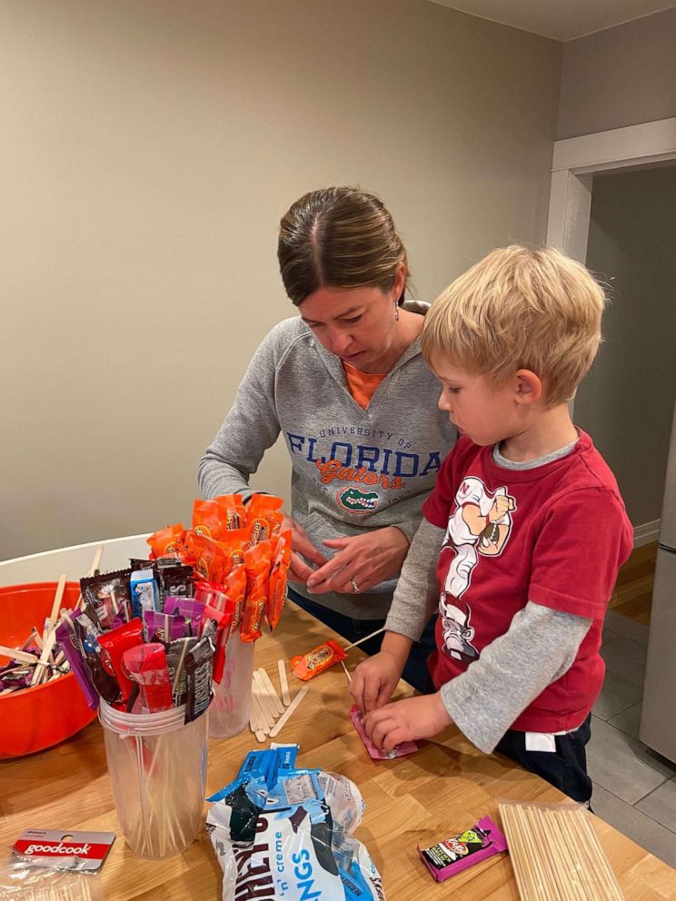 PHOTO: Clark Winter, 4, prepares for Halloween 2020 with his mom Wendy Winter inside their Denver, Colorado, home.