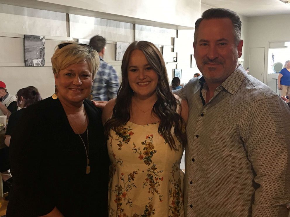 PHOTO: Liz San Millan, 18, of Denison, Texas, stands in an undated photo with her parents, Kim and Lance San Millan. Liz, a freshman at New York Conservatory for Dramatic Arts, was filming when her mother's foot came crashing through the ceiling.