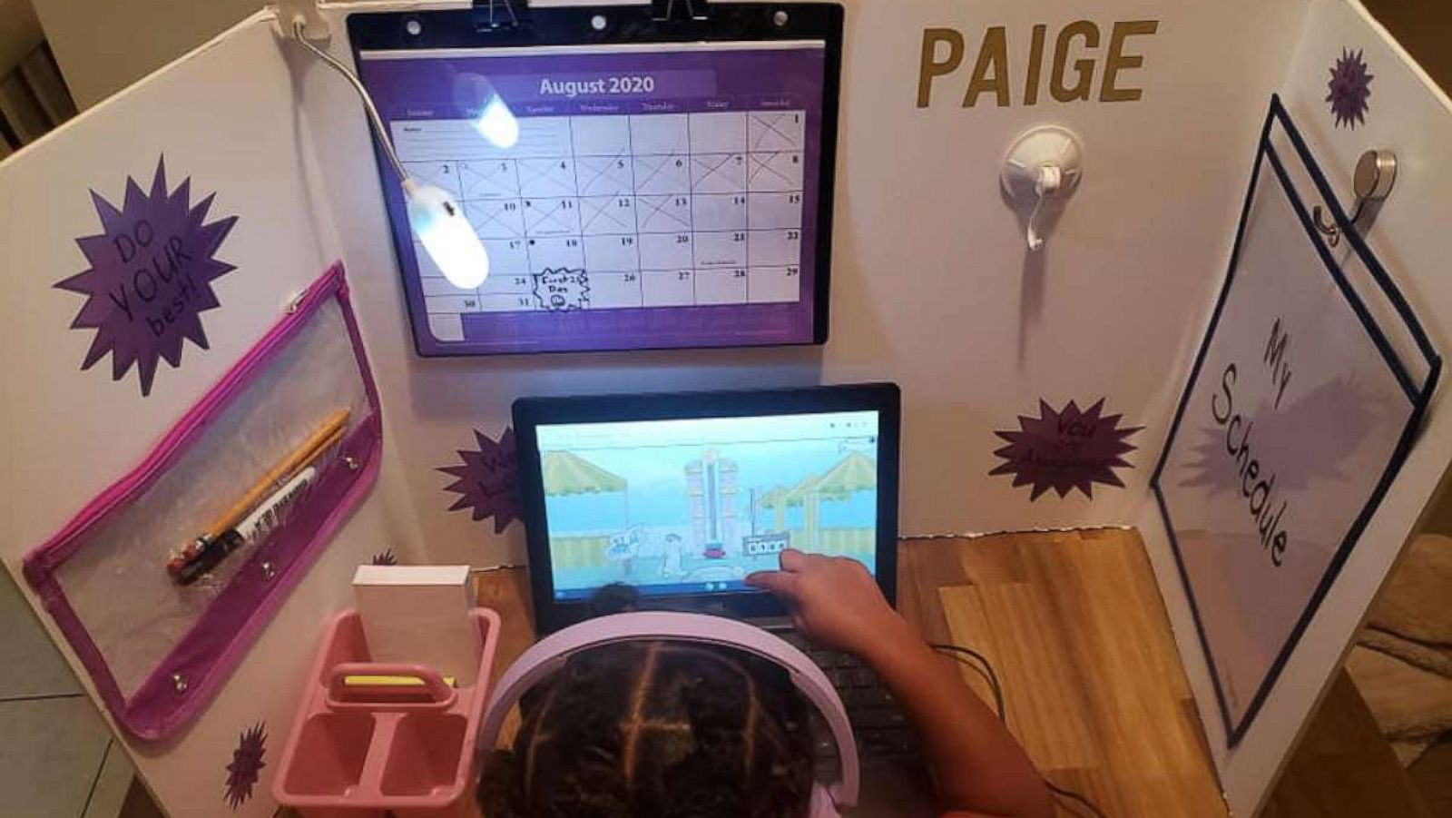 PHOTO: Angelina Harper, a special education teacher from Louisville, Kentucky, crafted work stations for each of her children, Aubrie, 8 and twins Paige and Peyton, 6.