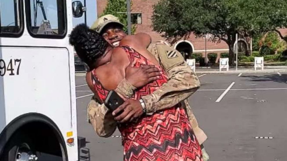 PHOTO: U.S. Army National Guard Sgt. Christopher Williams surprised his mom Joquina Williams at the trolley where she works.