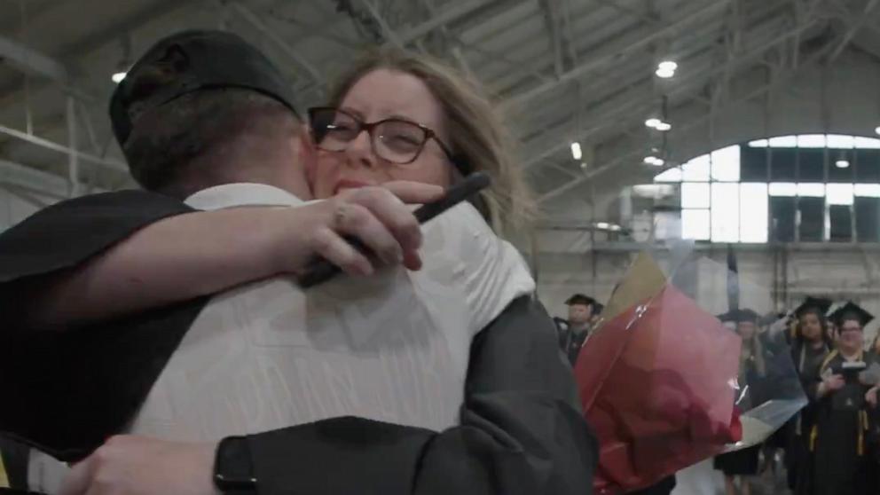 PHOTO: Blane Yuhas, an active-duty Army specialist, surprised his mom, Sebrina Hill, at her graduation in West Lafayette, Indiana.