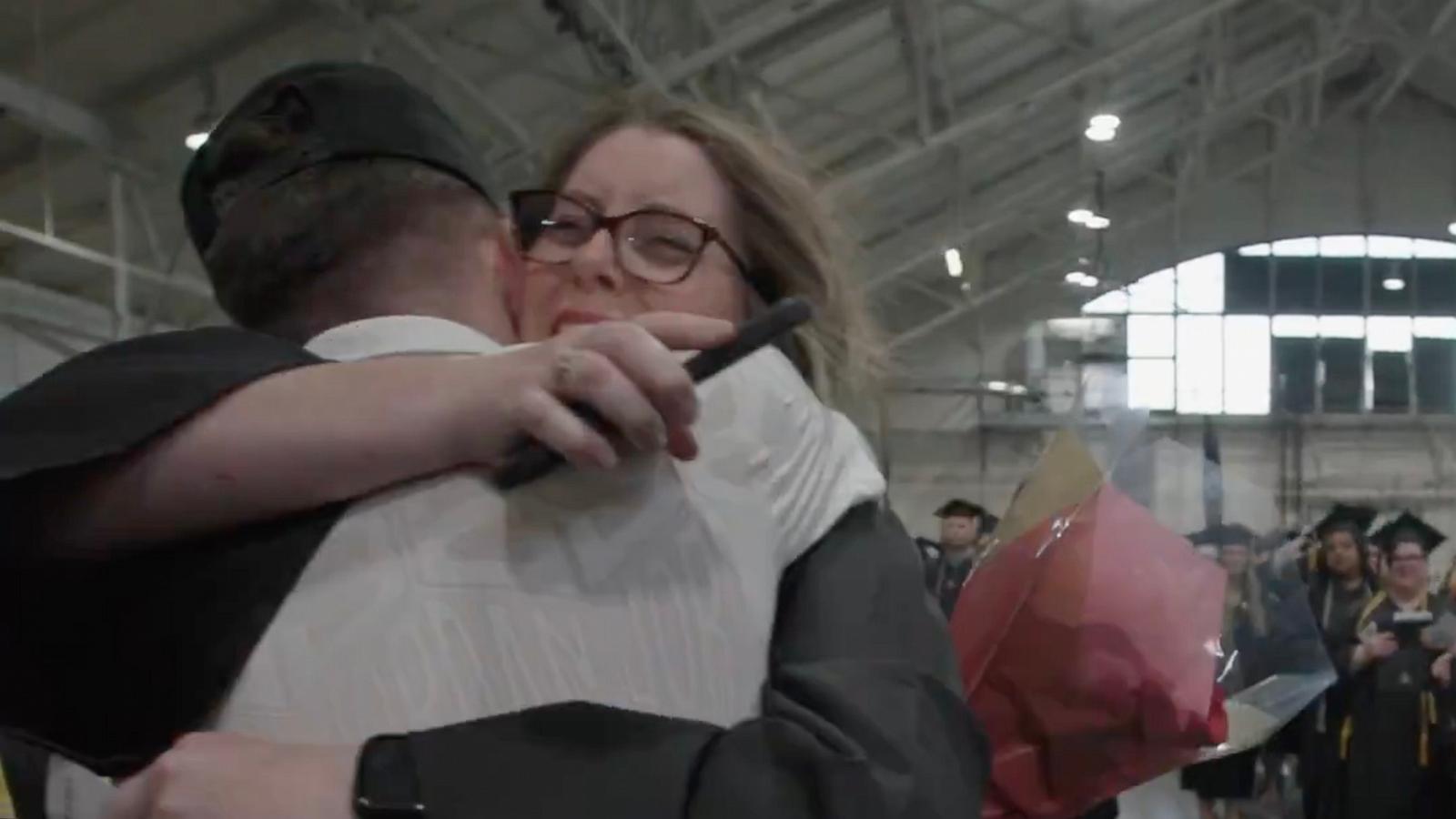 PHOTO: Blane Yuhas, an active-duty Army specialist, surprised his mom, Sebrina Hill, at her graduation in West Lafayette, Indiana.