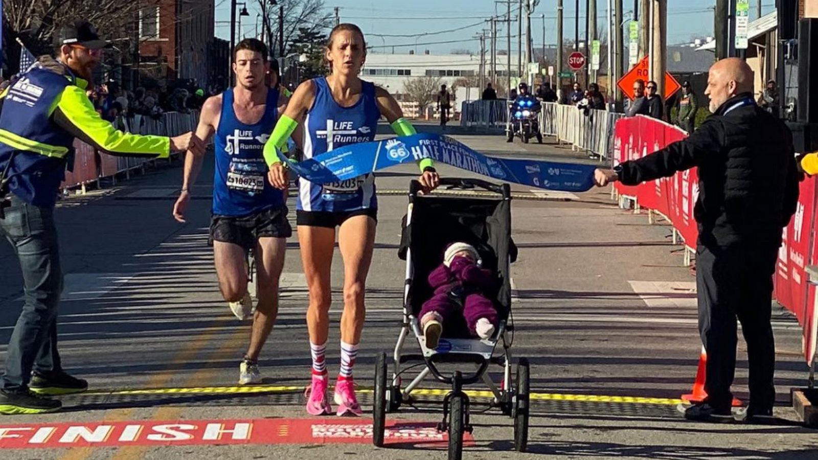 PHOTO: Julia Webb won the female division of the 2019 Route 66 Half-Marathon while pushing her 10-month-old daughter Gabby in a stroller.