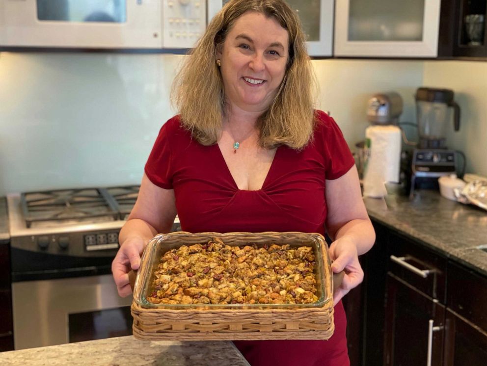 PHOTO: Lori McCarthy holds her finished dish of stuffing for Thanksgiving.