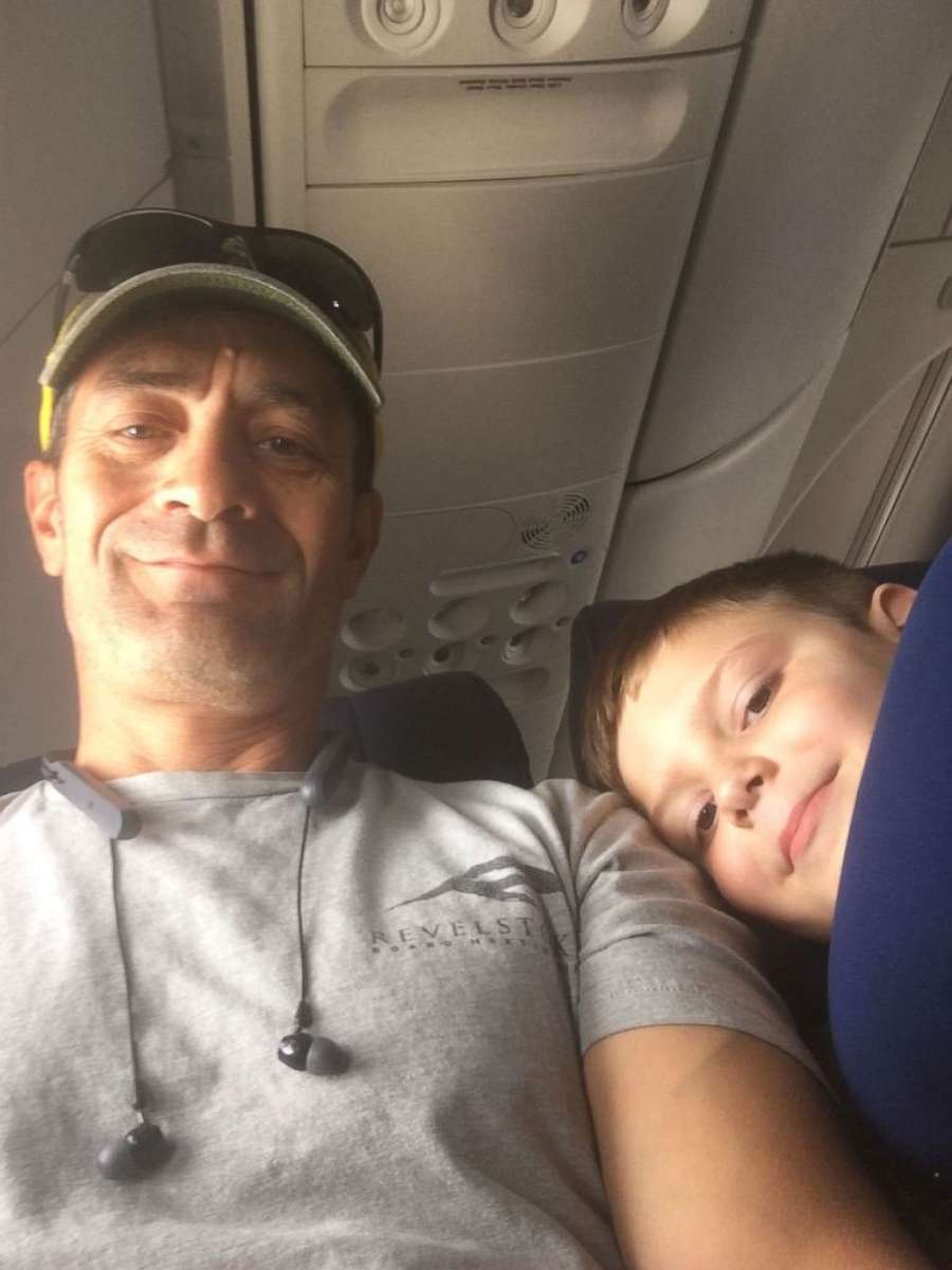 PHOTO: Ben Pedraza poses in a selfie with Landon Bjornson, 7, of Las Vegas, Nevada, during a flight to Portland, Oregon. 