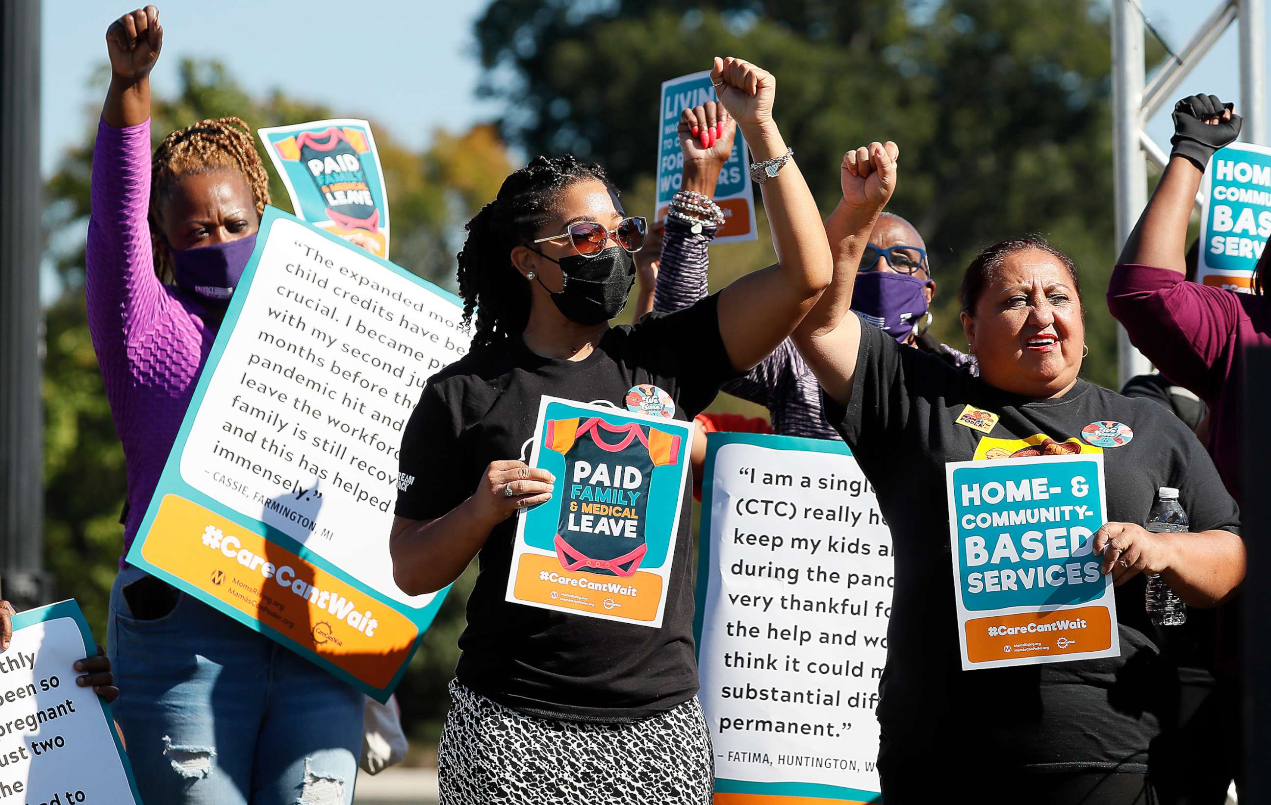 PHOTO: Members of Congress, parents and caregiving advocates hold a press conference supporting Build Back Better investments in home care, childcare, paid leave and expanded CTC payments in front of the Capitol, Oct. 21, 2021.