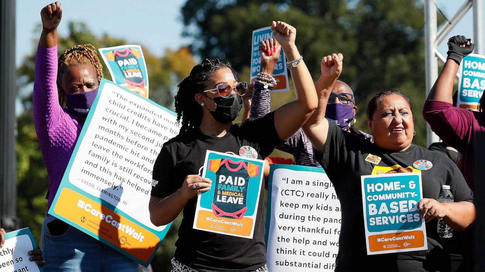 PHOTO: Members of Congress, parents and caregiving advocates hold a press conference supporting Build Back Better investments in home care, childcare, paid leave and expanded CTC payments in front of the Capitol, Oct. 21, 2021.