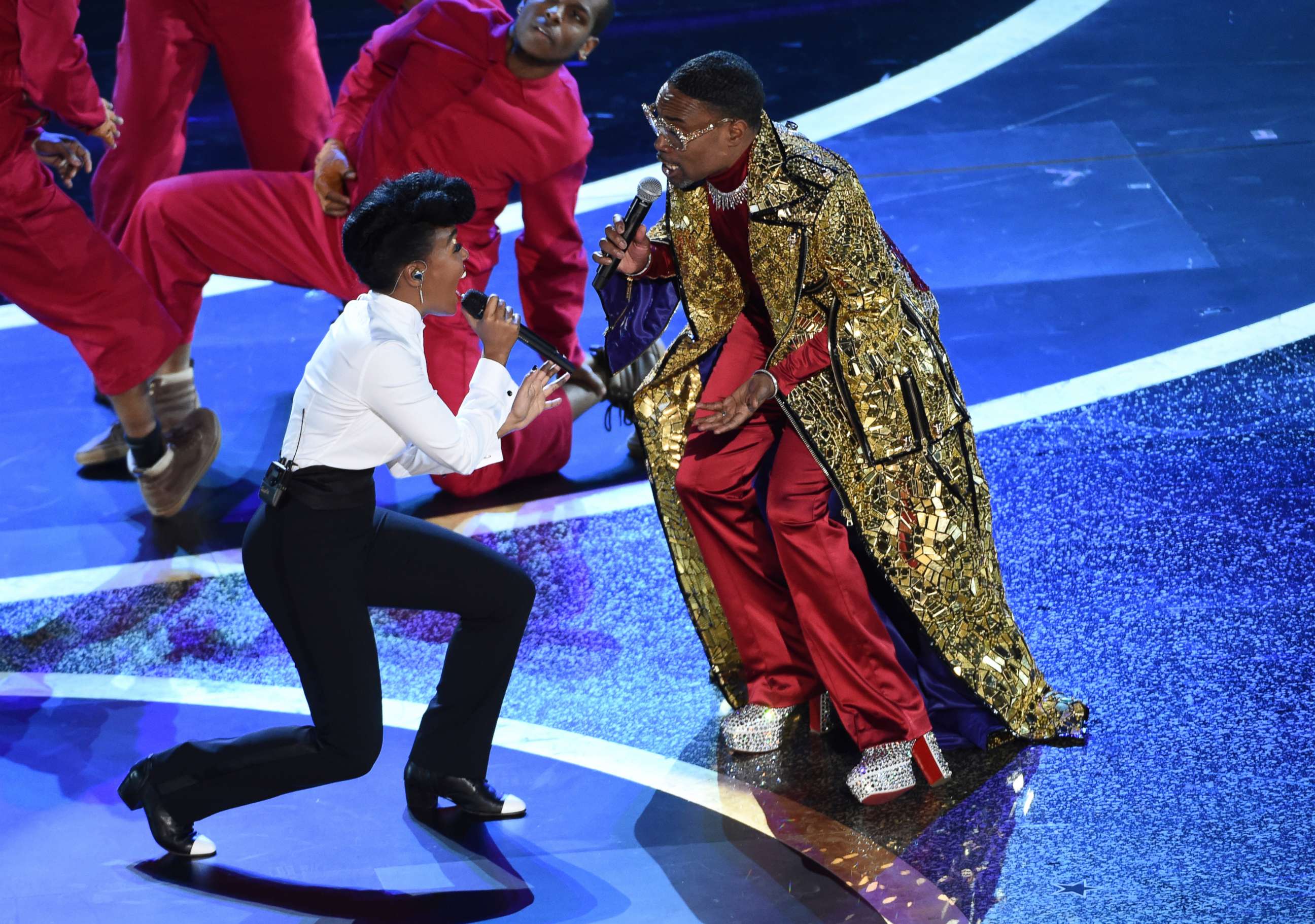 PHOTO: Janelle Monae, left, and Billy Porter perform onstage at the Oscars, Feb. 9, 2020, at the Dolby Theatre in Los Angeles.
