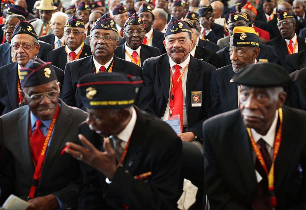 PHOTO: In this June 27, 2012, file photo, members of the Montford Point Marines attend a presentation ceremony of the Congressional Gold Medal at the Emancipation Hall of the Capitol Visitor's Center, on Capitol Hill in Washington, D.C.