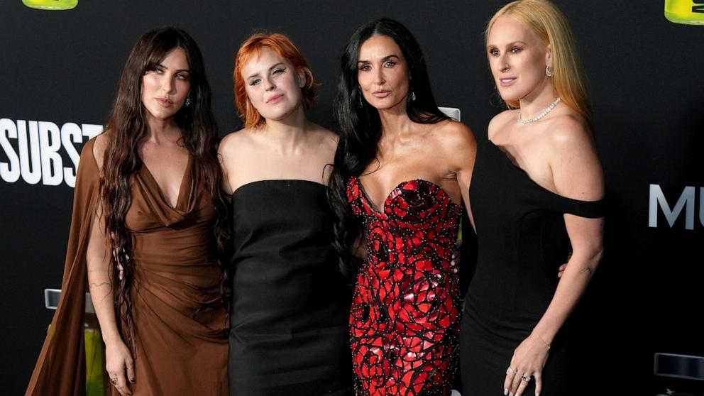 PHOTO: Scout LaRue Willis, Tallulah Willis, Demi Moore, and Rumer Willis attend the Los Angeles Premiere Of "The Substance" at Directors Guild Of America on Sept. 16, 2024 in Los Angeles.